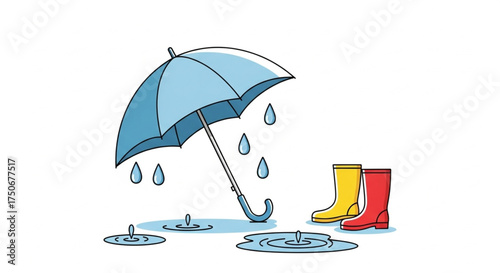 Umbrella and rubber boots with raindrops illustration