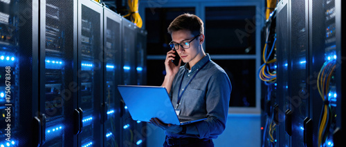 Engineer using laptop and phone while working in server room with server racks and blue lights.