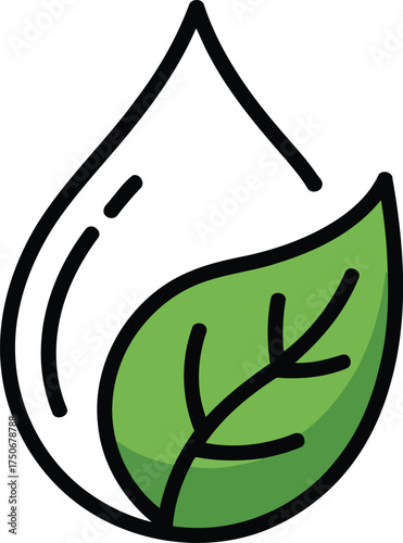 Water drop icon with green leaf on white background Keywords: water, drop, icon, leaf, green