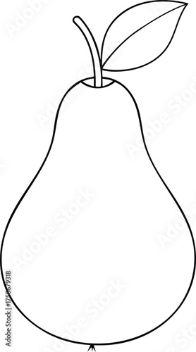 Simple outline drawing of ripe pear fruit with leaf attached to stem perfect for coloring or creative design concepts