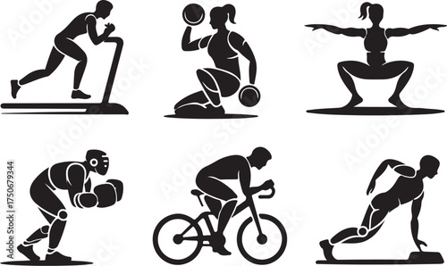 Active silhouettes of people exercising, fitness icons