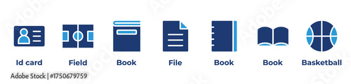 Learning, Records, and Play Icons set vector illustration blue with Id card, Field, Book, File, Book, Book, Basketball