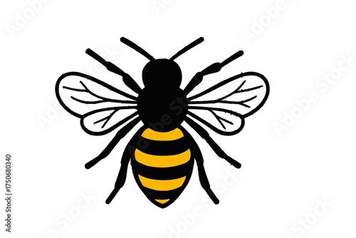 Stylized Bee Illustration with Transparent Wings and Bold Yellow Stripes on White Background