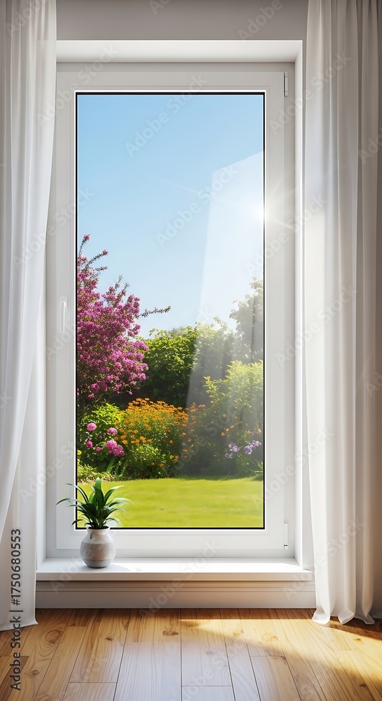 Obraz premium Bright Window View - A Serene Garden Scene.