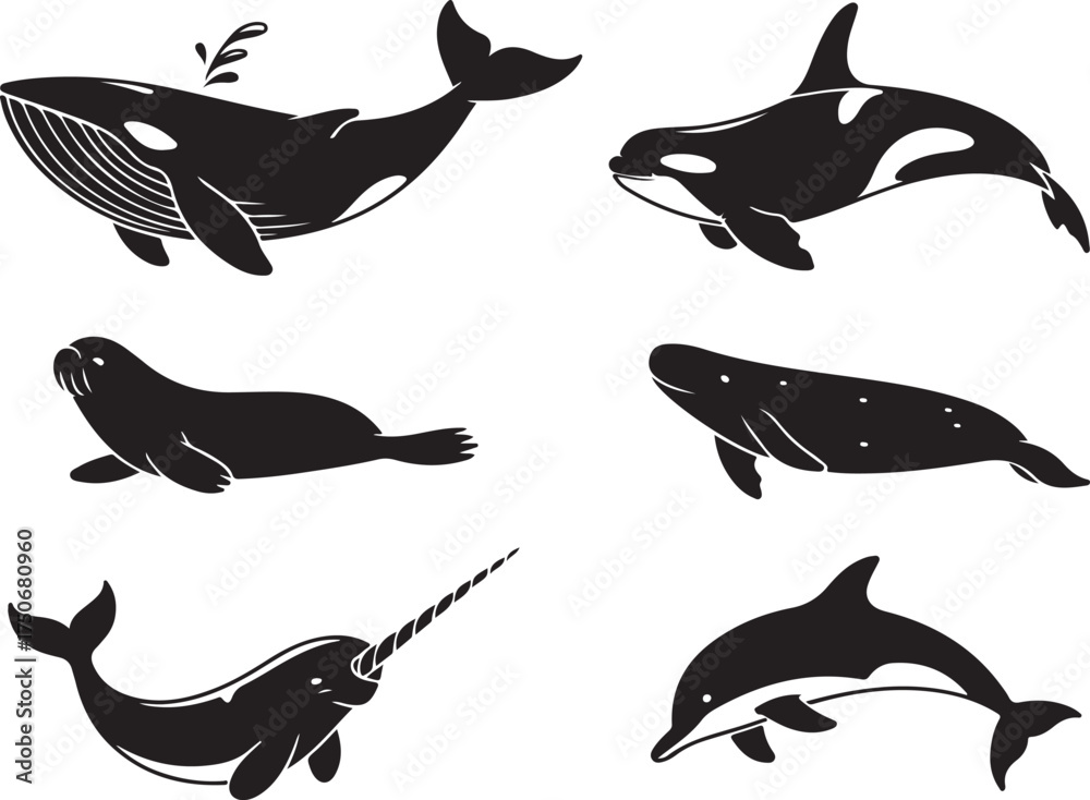 Obraz premium Ocean wildlife silhouettes, whales, dolphins, narwhal, seal