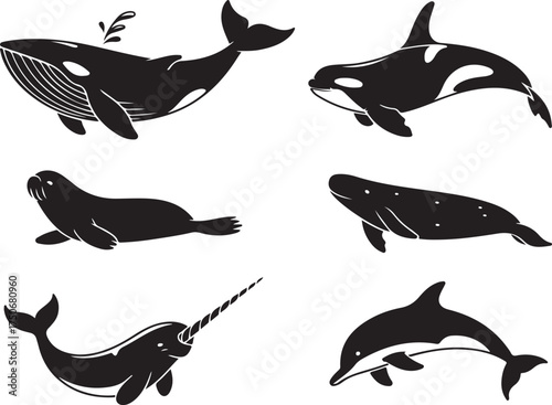 Ocean wildlife silhouettes, whales, dolphins, narwhal, seal