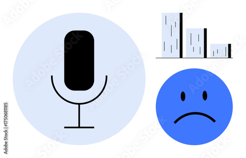 Microphone symbol for voice input, bar graph indicating decline, and sad face reaction. Ideal for communication, feedback, analysis, customer service, dissatisfaction, technology simple flat