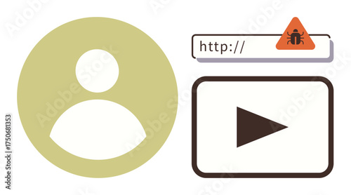 User profile icon, malicious link with bug icon, and media player highlight dangers of online interactions. Ideal for cybersecurity, hacking warnings, scams, digital safety, phishing, technology