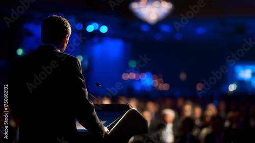 seminar. A professional speaker addressing an audience at a corporate event with stage lighting. pitch deck slides.