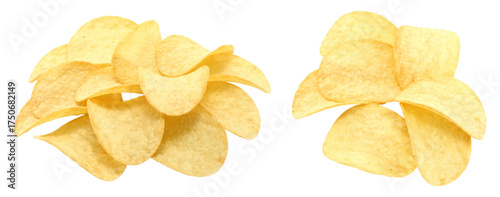 Set of crunchy potato chips piles isolated on transparent background