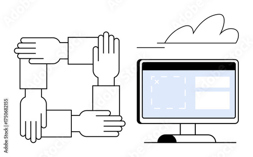 Four hands forming a square symbolizing teamwork, alongside a computer screen with a cloud above. Ideal for collaboration, technology, teamwork, partnership, communication, digital solutions