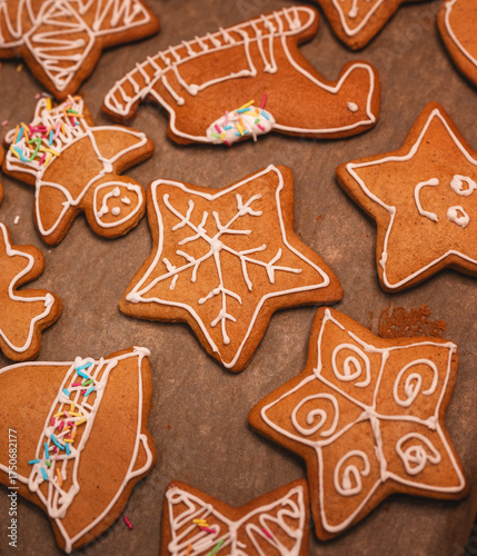 Gingerbread Christmas Cookies with Icing on Baking Tray