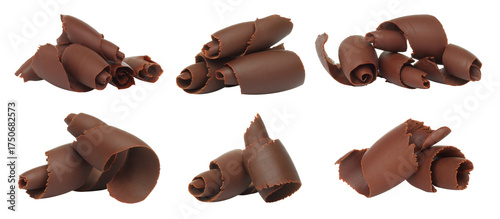 Set of chocolate curls and shavings isolated on transparent background