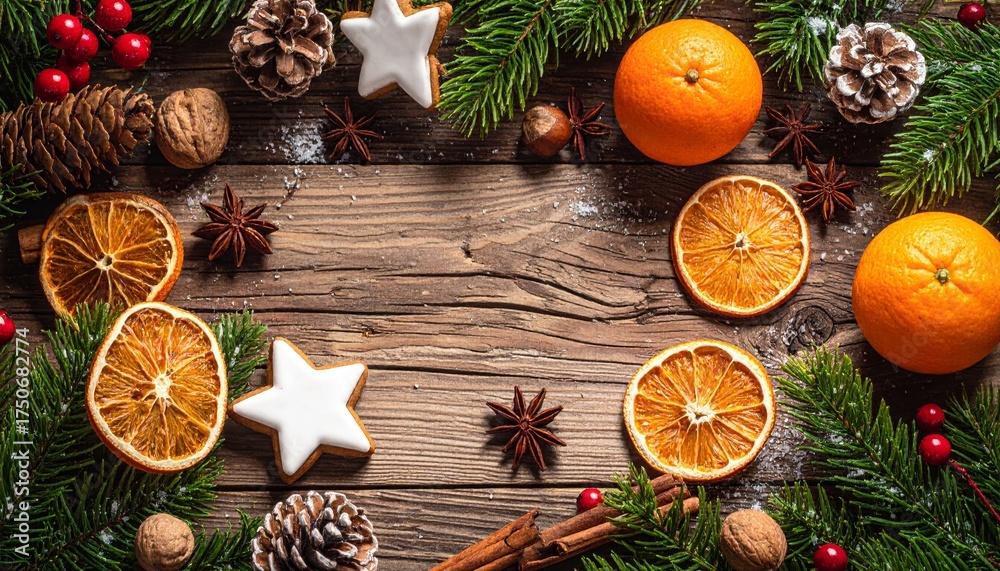 Fototapeta premium christmas decoration on wooden background with spices, orange, biscuit