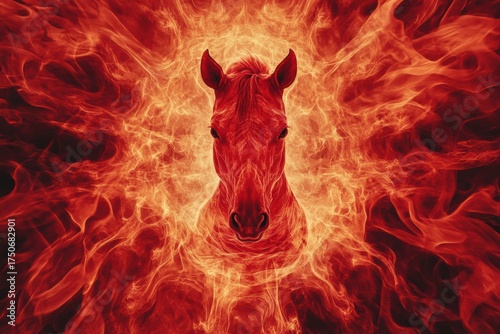 Red fire horse surrounded by a spiraling vortex of flames creating intricate patterns in a harmonious composition