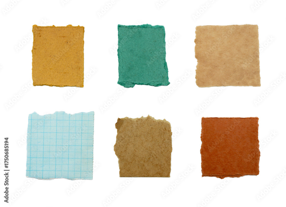 Fototapeta premium Collection of torn square paper scraps in assorted colors and textures isolated