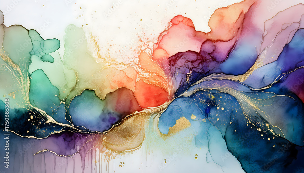 Fototapeta premium Abstract flowing alcohol ink with gold accents and rainbow colors