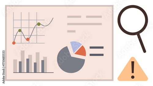 Data analysis tools including line graph, bar chart, pie chart, magnifying glass, and warning sign. Ideal for business, analytics, research, reports strategy problem-solving simple flat metaphor