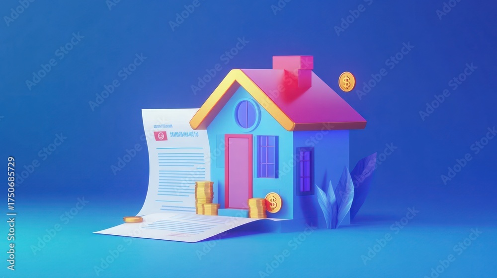 custom made wallpaper toronto digital3D Model House, Contract, Money, Modern Style, Real Estate Concept, For Online Marketing, Illustrations