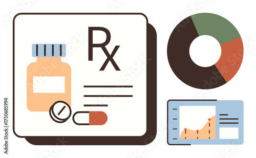 Medication bottle, pills, prescription details with pie chart and growth chart. Ideal for healthcare, pharmacy, analytics, research, data-driven decisions, reports simplified strategy illustration
