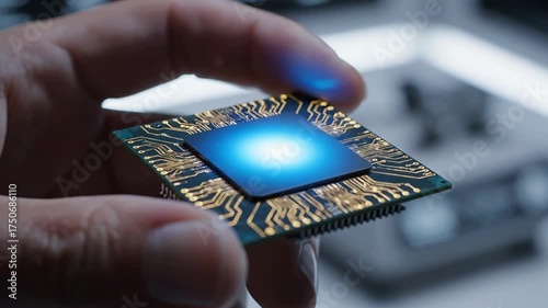 Glowing AI Processor Chip in Hand - A close-up shot showcases a hand holding a glowing AI processor chip.