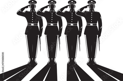 Four soldiers salute in uniform, casting long shadows