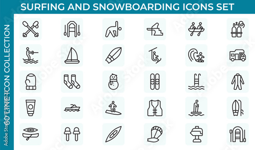 Surfing and Snowboarding Outline Icon Set – Extreme Water and Mountain Sports.Thin outline icons pack. Vector illustration