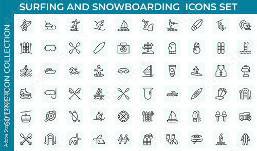 Surfing and Snowboarding Outline Icon Set – Extreme Water and Mountain Sports.Thin outline icons pack. Vector illustration