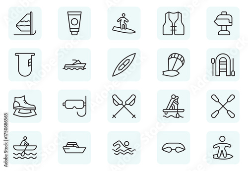 Surfing and Snowboarding Outline Icon Set – Extreme Water and Mountain Sports.Thin outline icons pack. Vector illustration
