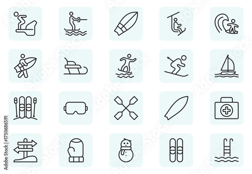 Surfing and Snowboarding Outline Icon Set – Extreme Water and Mountain Sports.Thin outline icons pack. Vector illustration