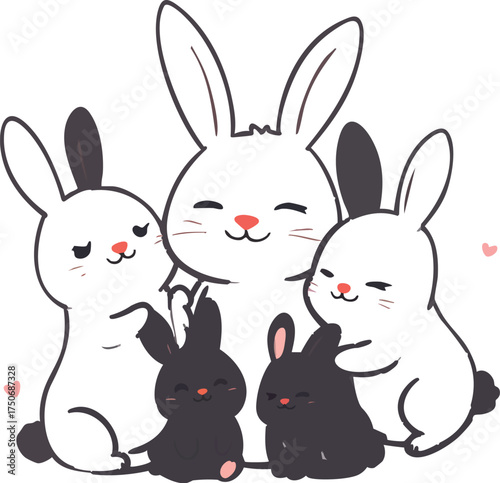 Cute cartoon rabbits cuddling with hearts, black and white vector perfect for love, family, and children’s themes