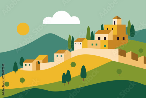 Landscape view of a hillside town with sun and cloud