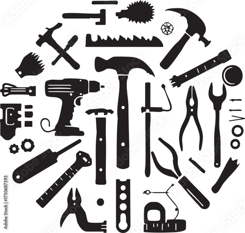 Circular vector of black tool silhouettes including hammer, wrench, drill, and saw for construction and repair themes