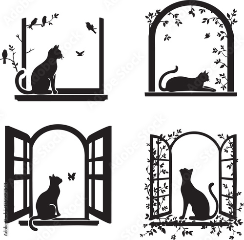 Minimalist Black Cat Silhouette Sleeping on Windowsill Vector for Cozy Home Decor and Pet Lover T-Shirt Design

