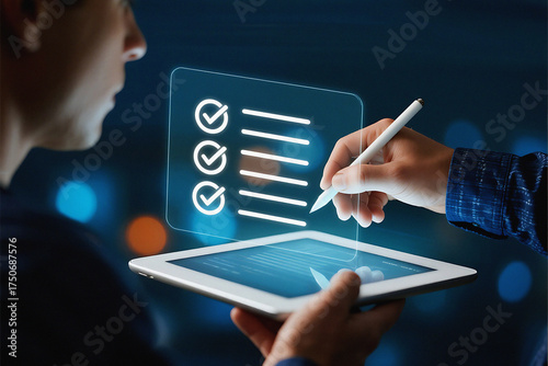 Person completing digital checklist on tablet with stylus against a blurred background scene
