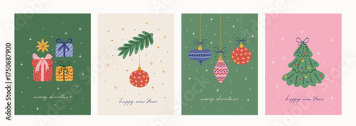 Christmas cute vintage greeting card set. Xmas minimalist design with hand drawn Christmas tree, bows, gifts, holiday pattern, snow, baubles and toys, stars. Vector retro poster, cover, background.