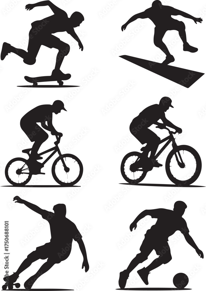 Fototapeta premium Dynamic athlete silhouettes performing extreme sports and soccer