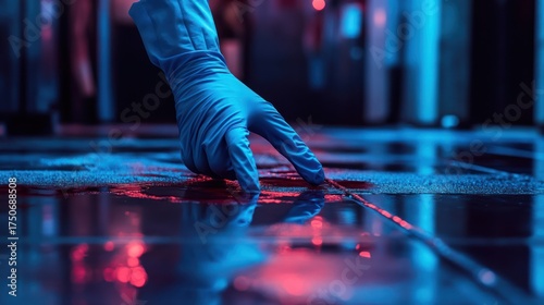 Forensic Investigator Examining Blood Evidence Under Blue and Red Lights