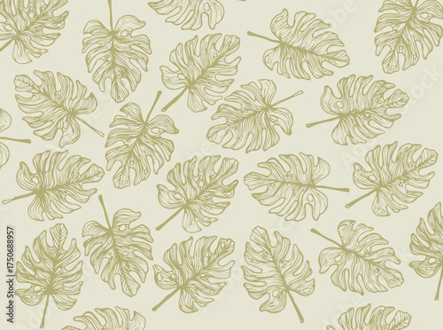 Botanical Seamless Pattern with Monstera Leaves in Soft Colors