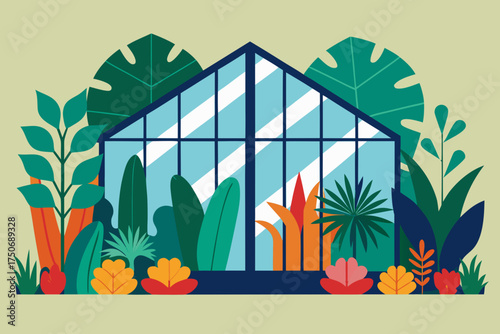 Illustration of a greenhouse surrounded by plants