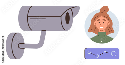 CCTV camera monitoring a person with facial recognition and data analytics chart. Ideal for security, surveillance, technology, privacy, data tracking, identity verification, digital analytics