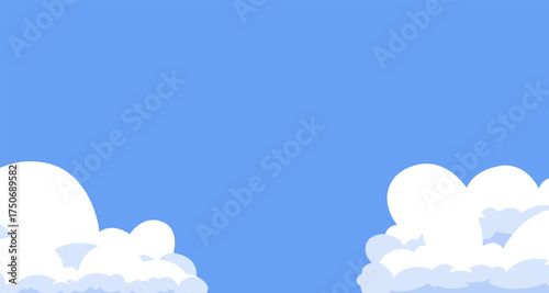 Cartoon sky background with cloud corners. A simple blue sky template with fluffy white clouds, creating a frame for kids' invitations or posters.