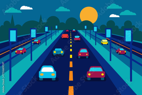 Cars driving down a highway at night with the moon