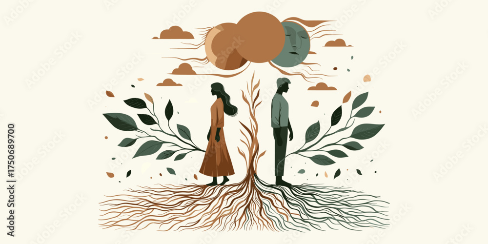 Fototapeta premium Couple's differing perspectives represented by roots and branches, symbolizing relationship growth and divergence