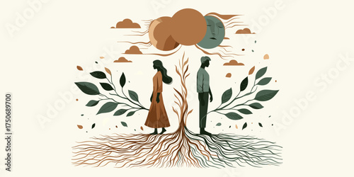 Couple's differing perspectives represented by roots and branches, symbolizing relationship growth and divergence