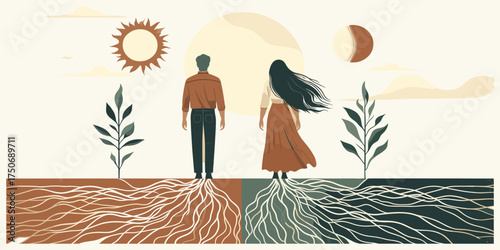 A symbolic illustration of a couple with intertwined roots representing a deep connection, duality, and balance between masculine and feminine energy