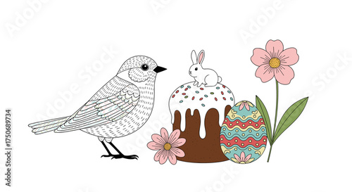 A charming illustration featuring an Easter cake topped with a bunny and decorated eggs perfect for spring celebrations.