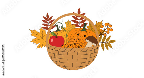 A harvest basket brimming with autumn's bounty of pumpkins apples and leaves.