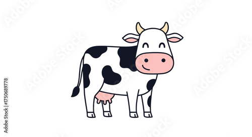 A cute cartoon cow with black and white spots stands facing forward with a happy expression.