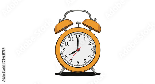 A classic orange alarm clock showing eight oclock with a white background.